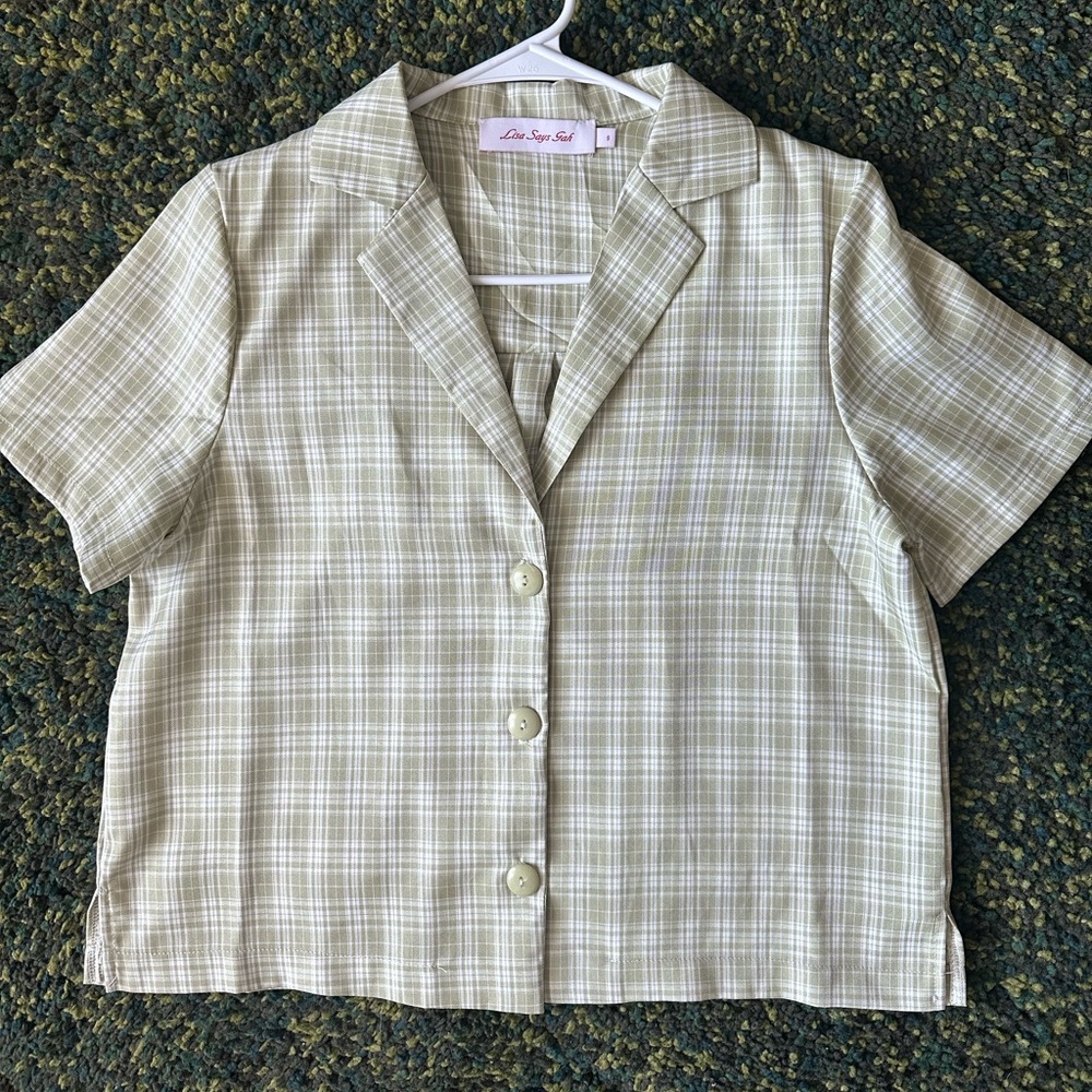 Lisa Says Gah Amber Collared Shirt Pistachio Plaid